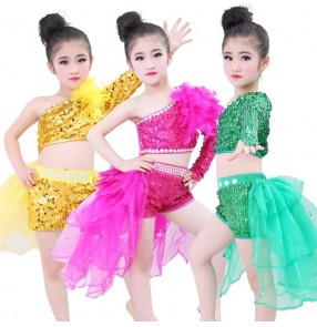 Yellow gold hot pink fuchsia royal blue red sequins paillette one shoulder girls kids children modern dance school play jazz performance outfits costumes